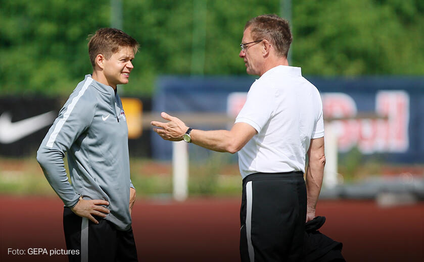 Ralf Rangnick, Cheftrainer von Rasenballsport Leipzig, mit Dominik Kaiser, 2016